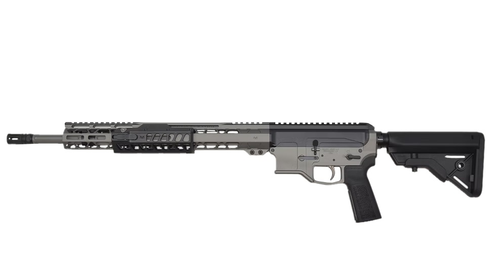 Modern AR-15 style rifle on white background