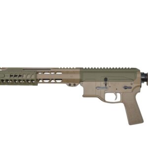 Two-tone AR-15 style rifle on white background