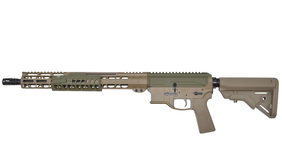 Two-tone AR-15 style rifle on white background