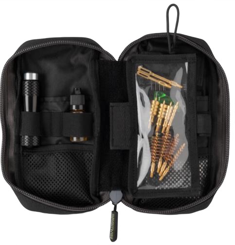 Open gun cleaning kit with tools and brushes
