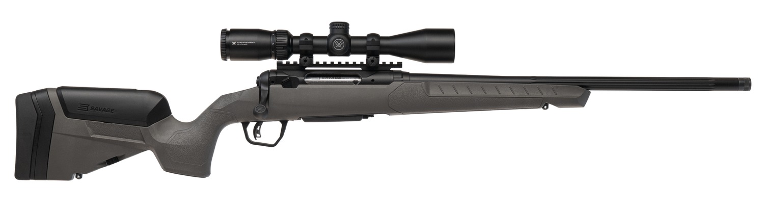 Bolt-action rifle with mounted scope on white background