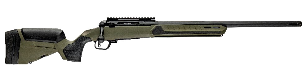 Bolt-action rifle with green stock and scope rail