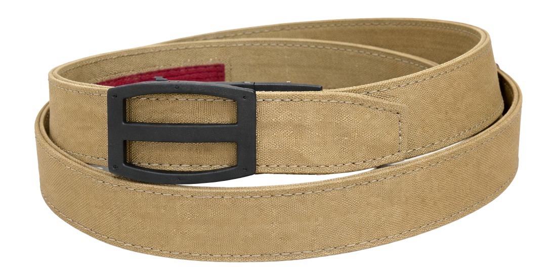Tan canvas belt with black metal buckle