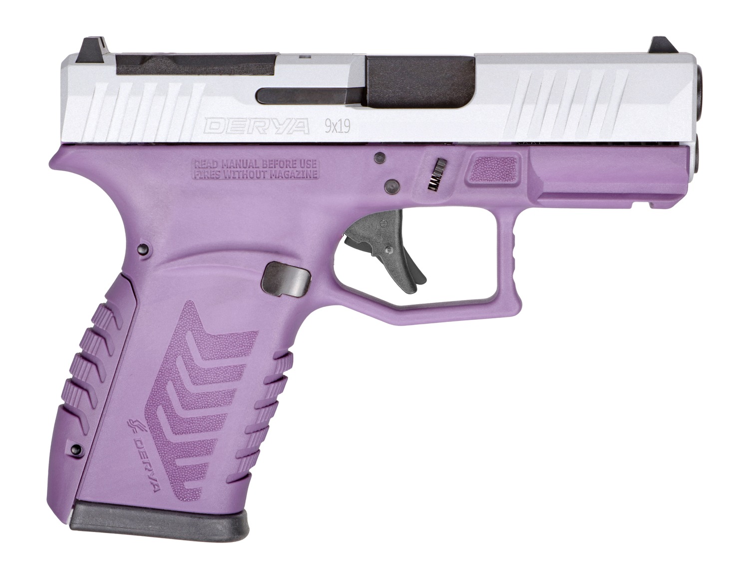 Purple and silver semi-automatic handgun