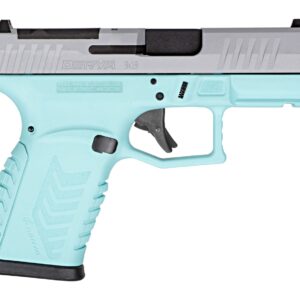 Turquoise and silver compact 9mm handgun