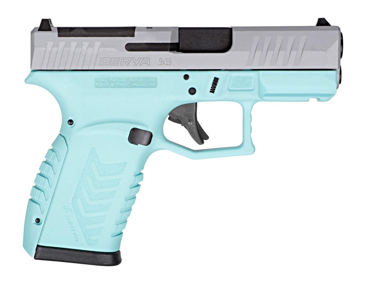 Turquoise and silver compact 9mm handgun