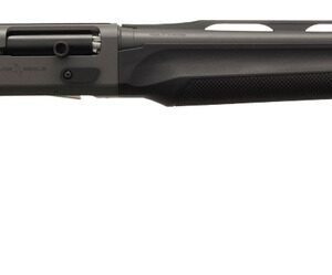 Black semi-automatic shotgun on white background