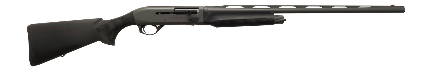 Black semi-automatic shotgun on white background