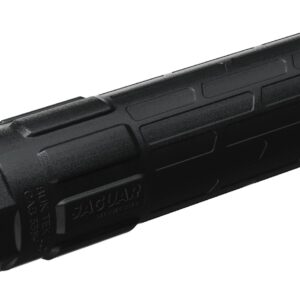 Black cylindrical firearm suppressor with threaded end