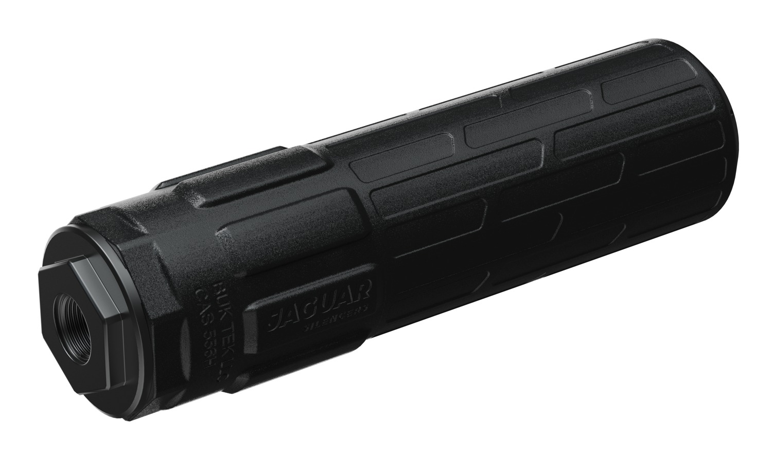 Black cylindrical firearm suppressor with threaded end