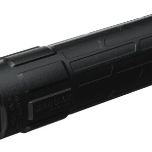 Black firearm suppressor with threaded barrel mount