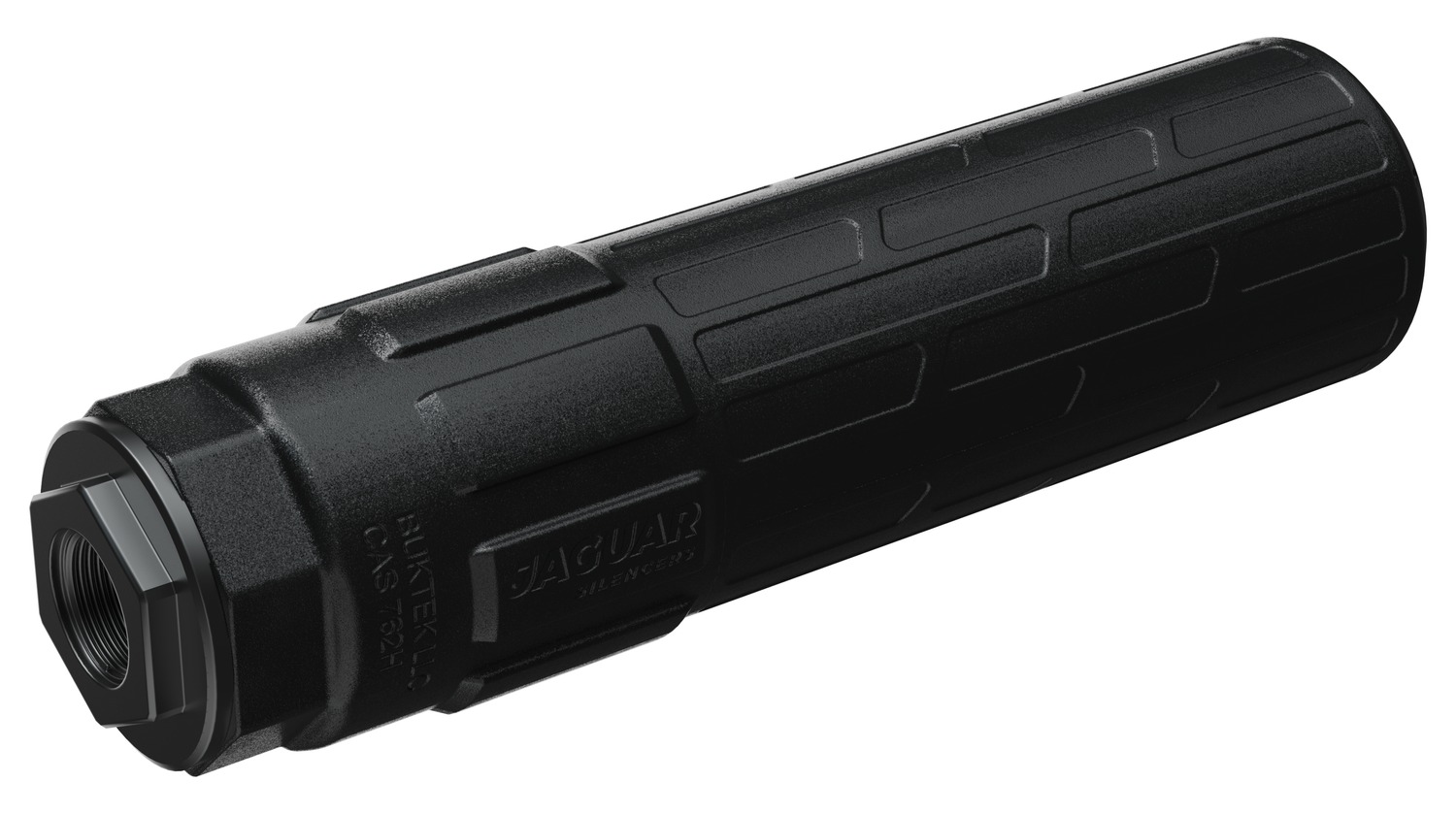 Black firearm suppressor with threaded barrel mount