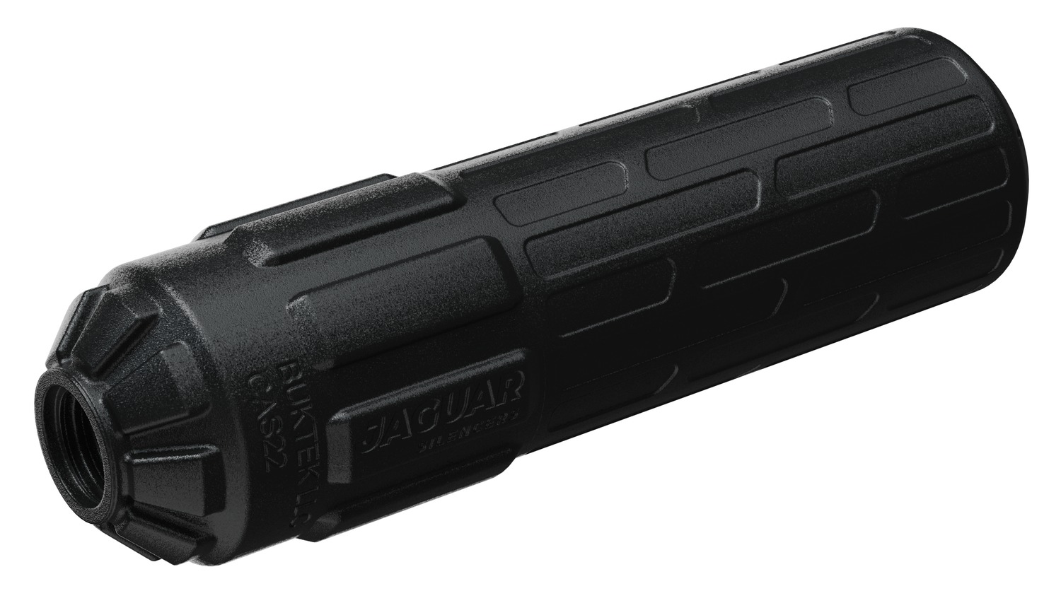 Black Jaguar-branded gun suppressor on white background