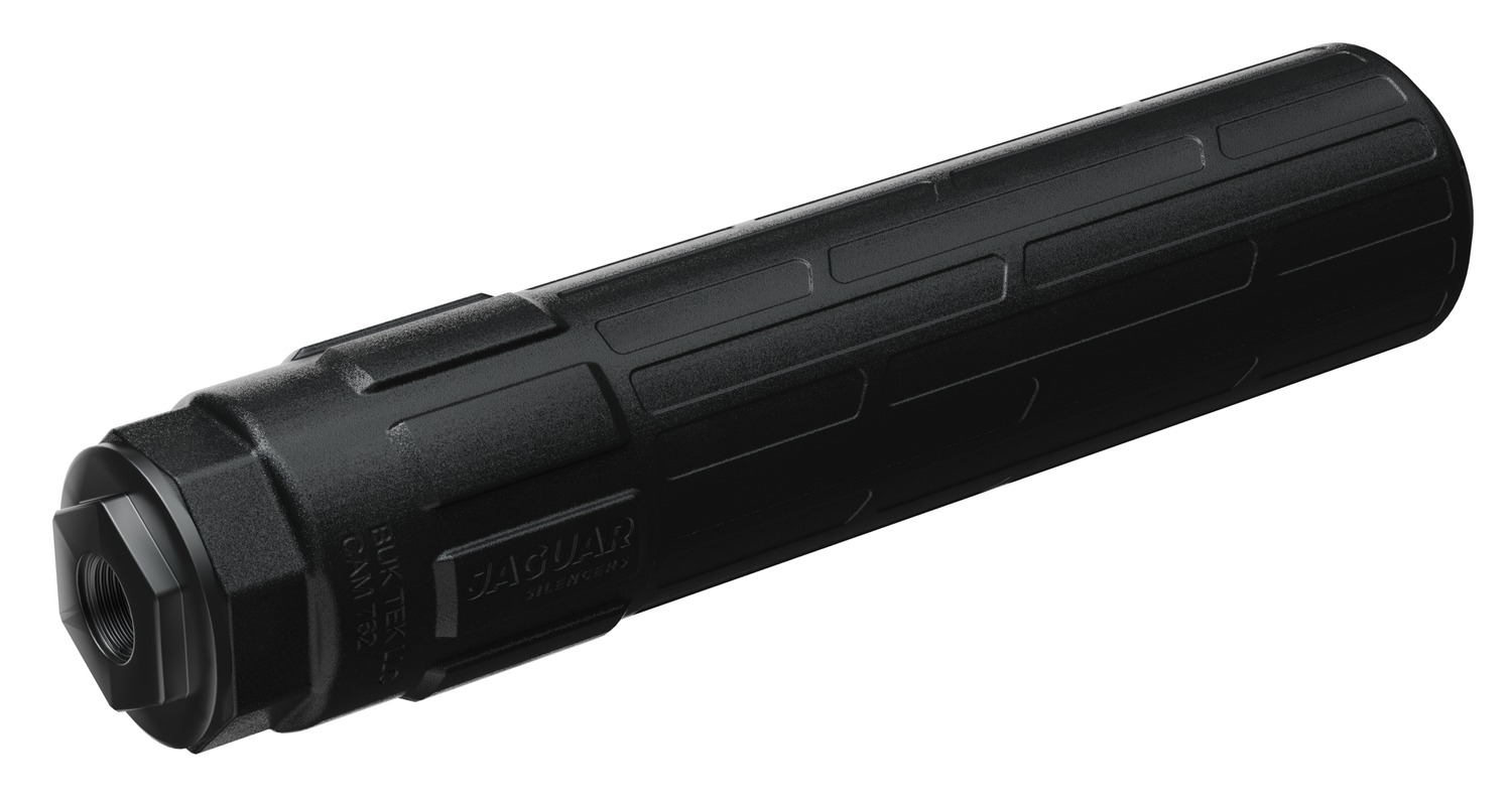 Black cylindrical firearm suppressor on white background