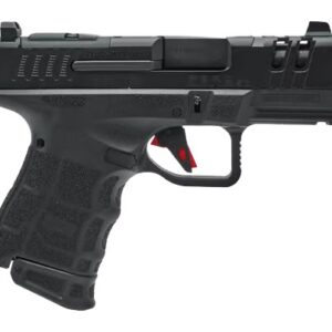 Black semi-automatic handgun on white background