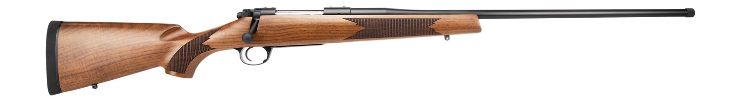 Bolt-action rifle with wooden stock on white background