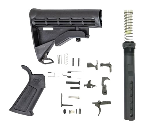 Disassembled rifle parts on white background