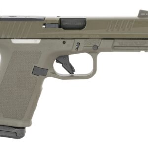 Olive green semi-automatic pistol on white background
