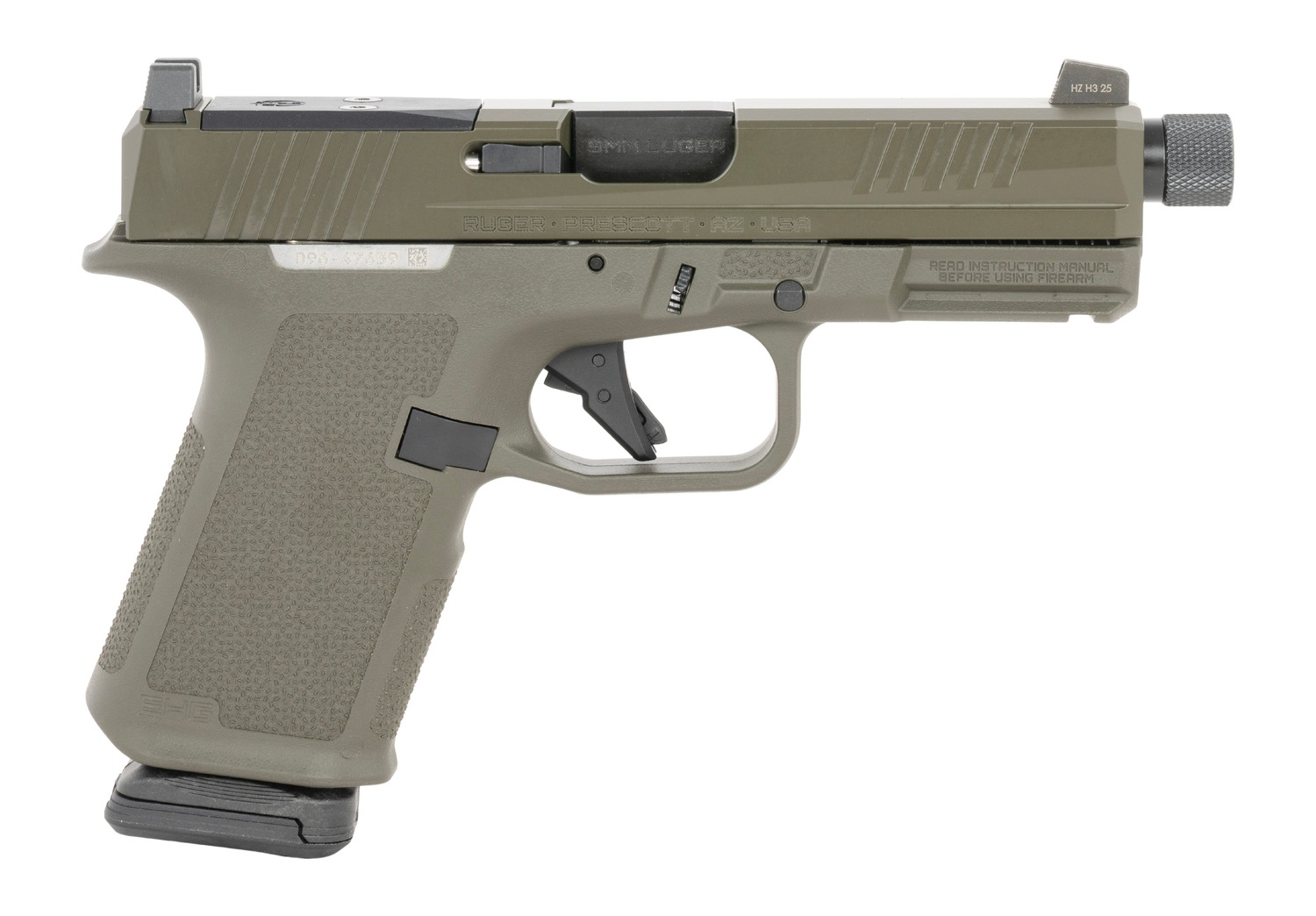 Olive green semi-automatic pistol on white background