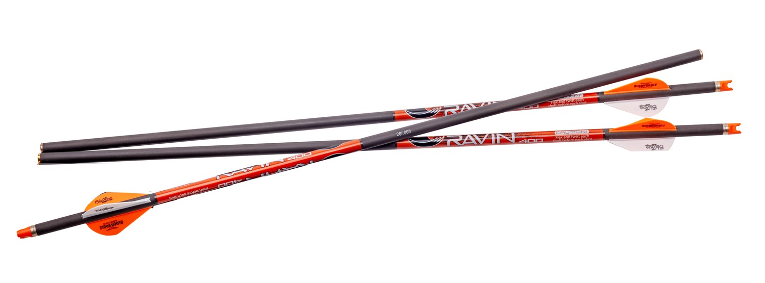 Three Ravin crossbow bolts with orange fletching