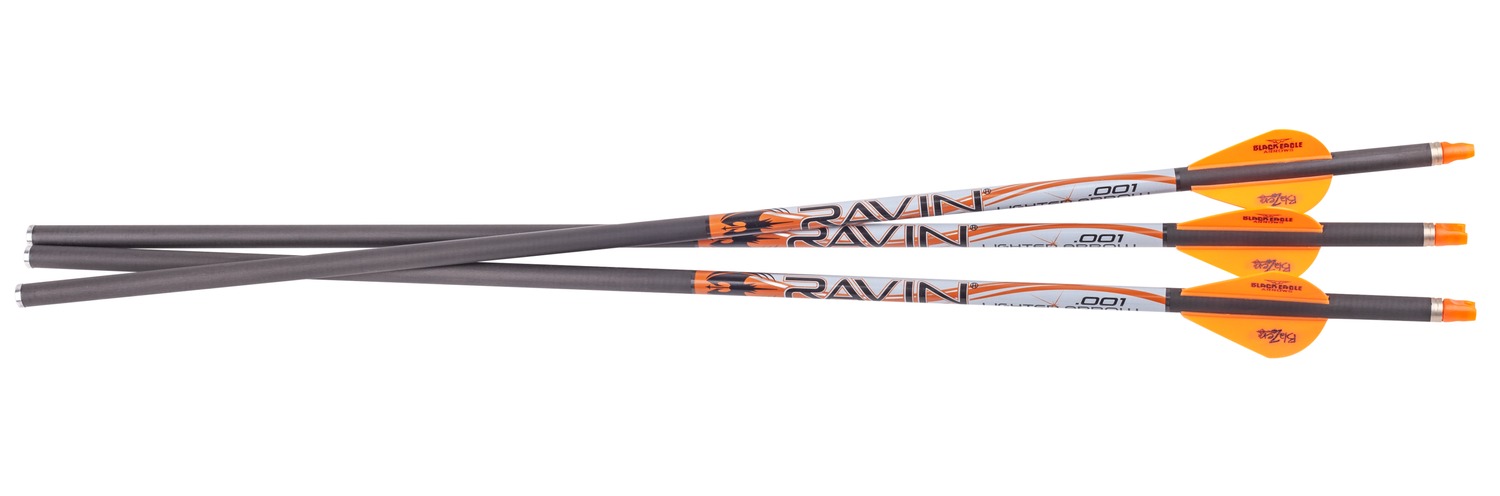 Three Ravin crossbow arrows with orange fletching