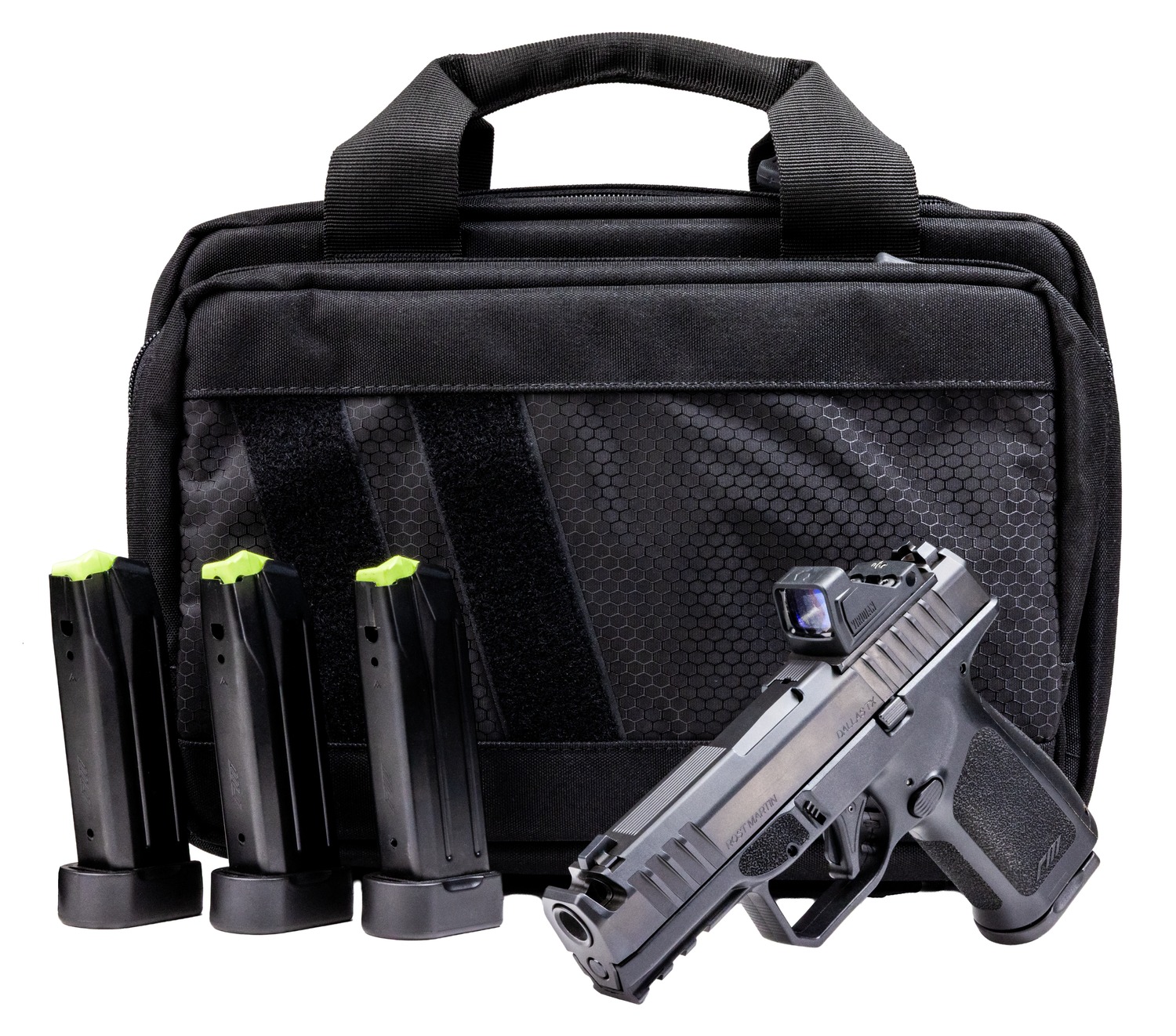 Handgun with magazines and tactical range bag