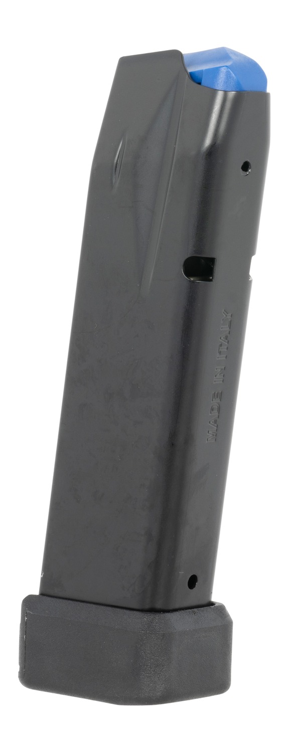 Black handgun magazine with blue follower
