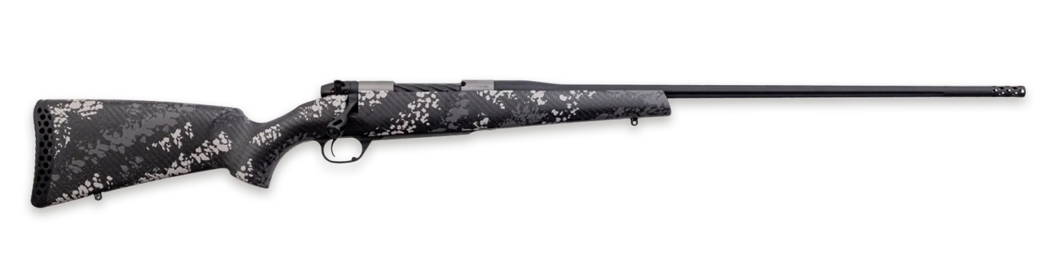 Camouflage bolt-action hunting rifle on white background
