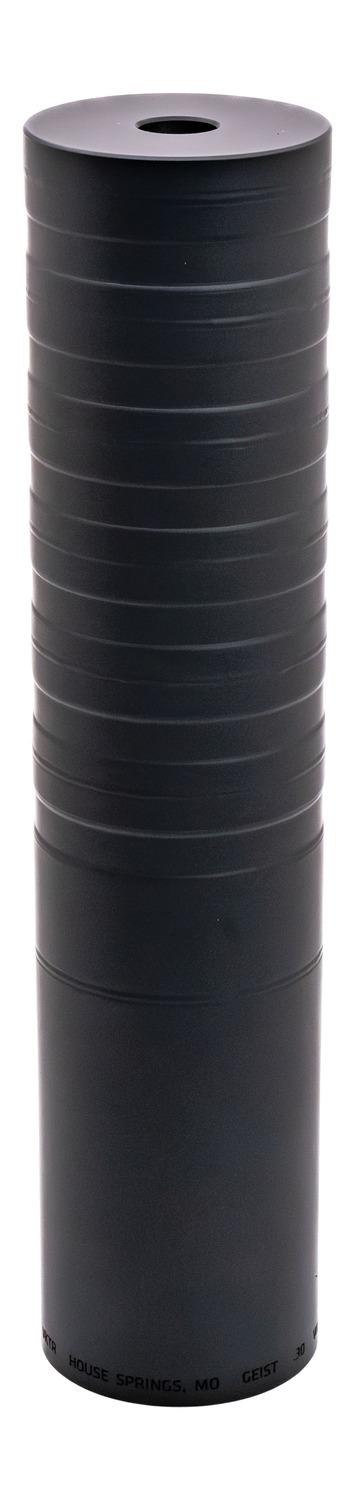 Black cylindrical firearm suppressor with ridged body