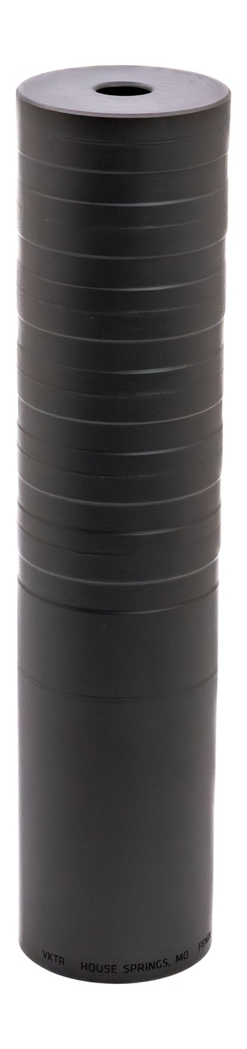 Black cylindrical firearm suppressor with ridged body