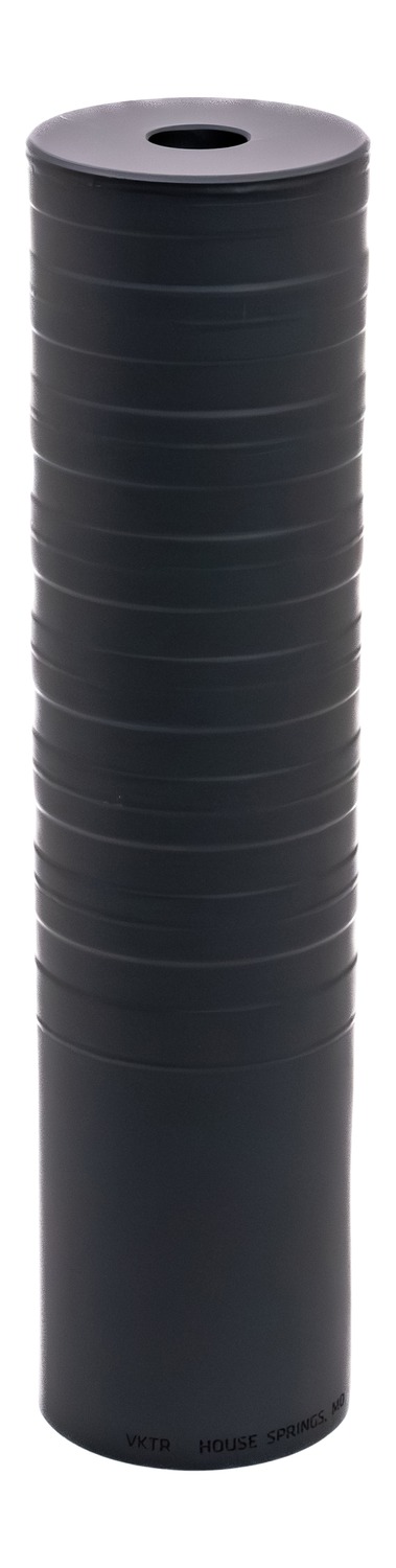 Black cylindrical firearm suppressor with ridged body