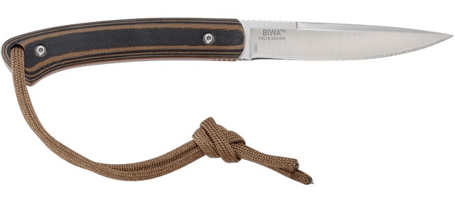 Fixed-blade knife with wooden handle and lanyard