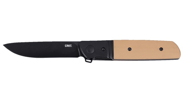 CRKT folding knife with black blade and tan handle