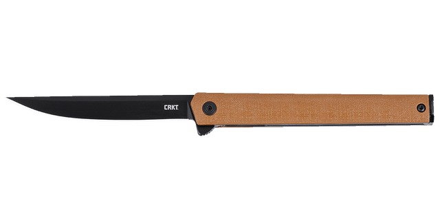 Black folding knife with tan handle