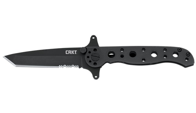 Black CRKT folding knife with serrated blade