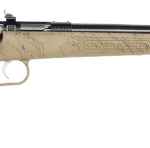 Bolt-action rifle with tan stock on white background