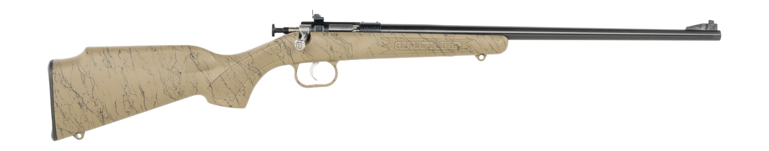 Bolt-action rifle with tan stock on white background