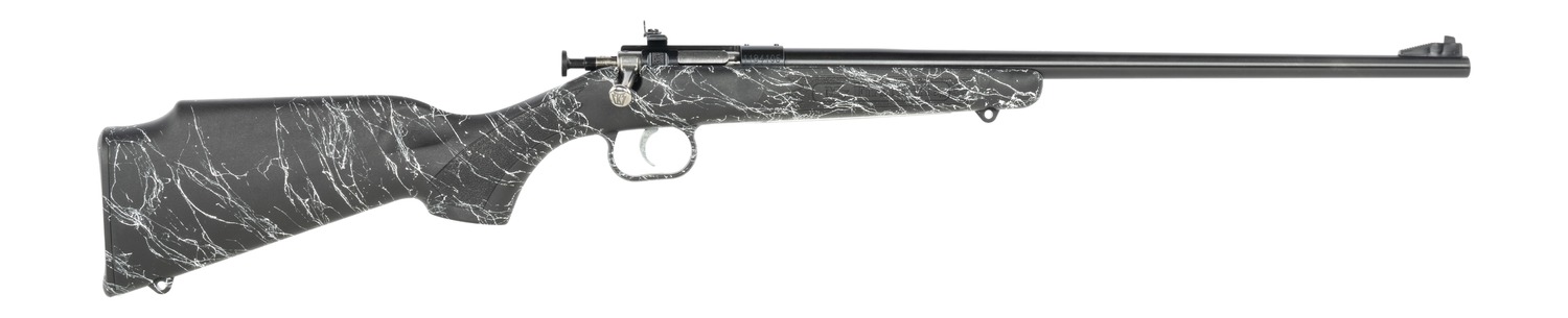 Black bolt-action rifle with marbled stock