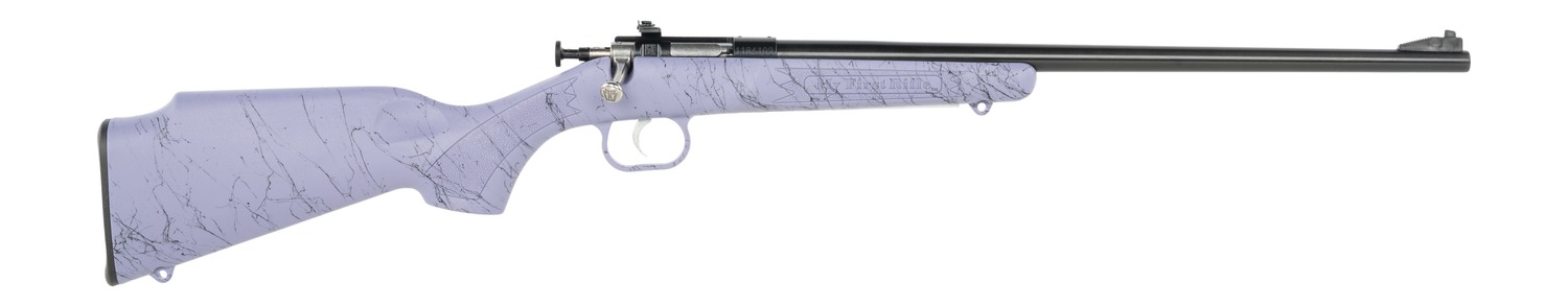 Purple-stock bolt-action rifle on white background