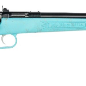 Turquoise bolt-action rifle on white background