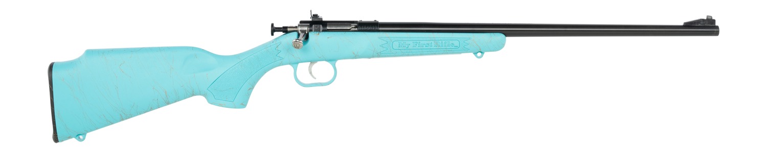 Turquoise bolt-action rifle on white background