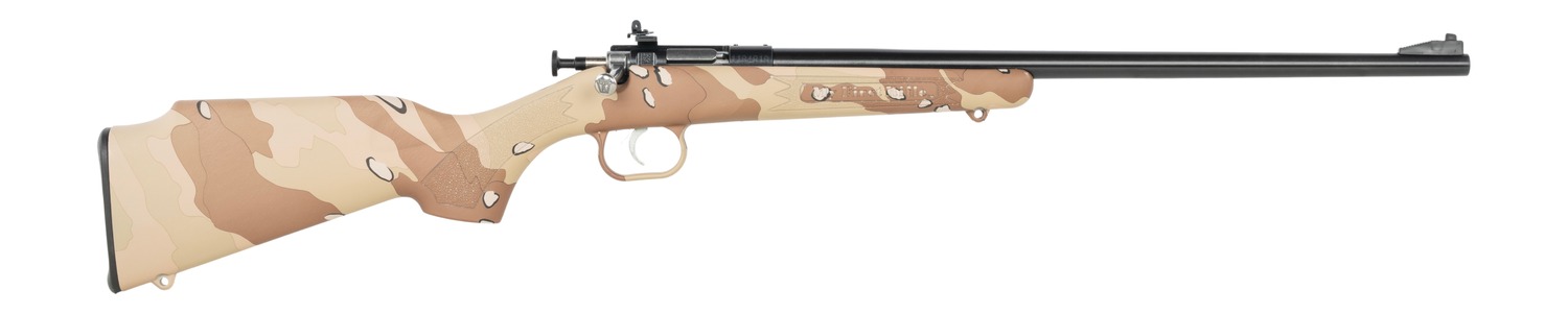 Desert camouflage bolt-action rifle on white background