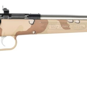 Desert camouflage bolt-action rifle with long barrel