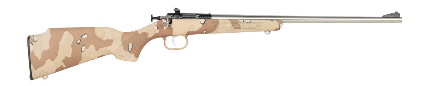 Desert camouflage bolt-action rifle with long barrel
