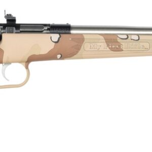 Desert camouflage bolt-action rifle on white background