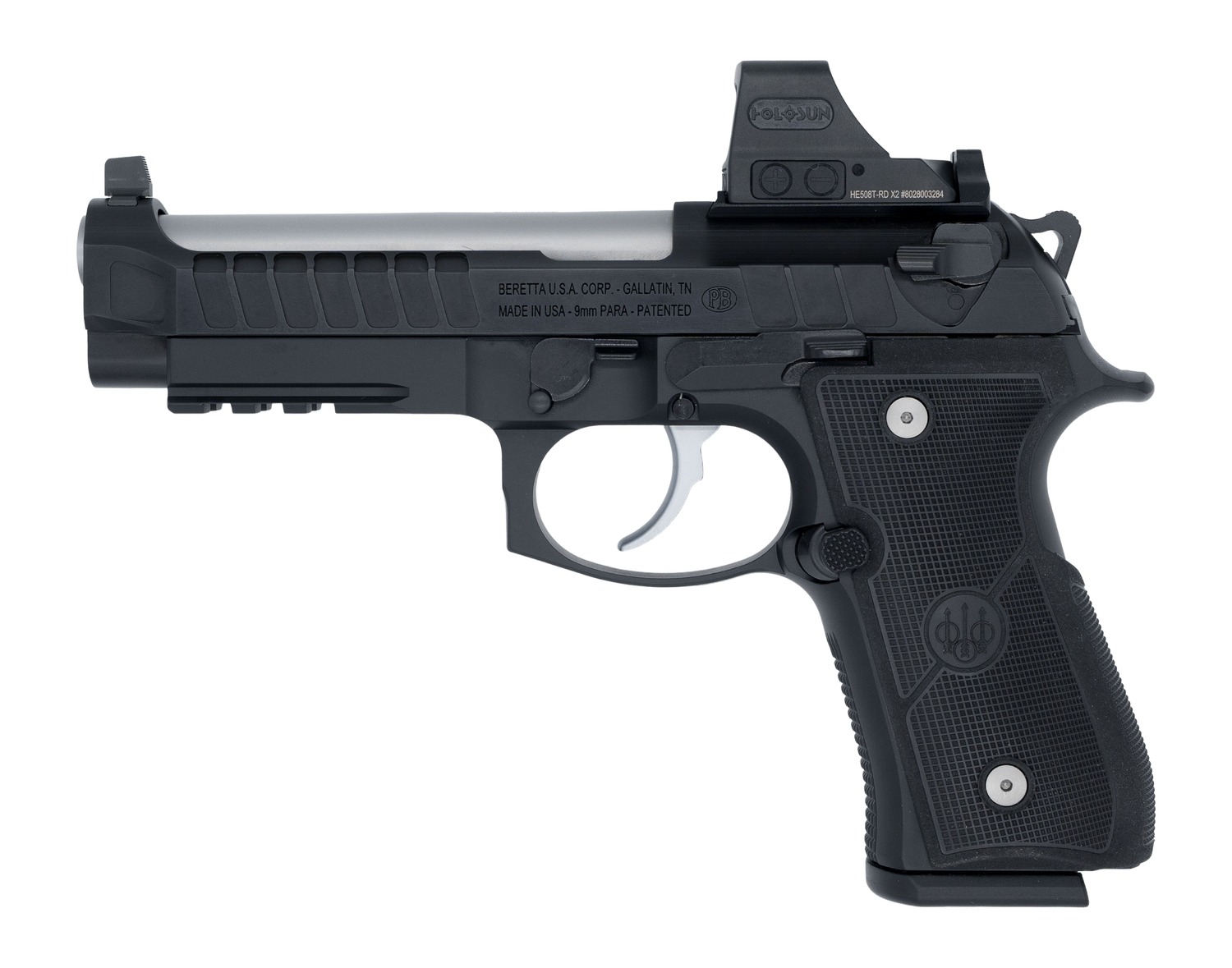 Black Beretta pistol with mounted red dot sight