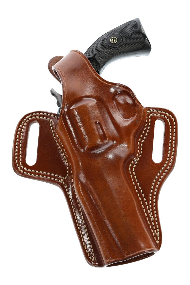 Revolver in brown leather belt holster