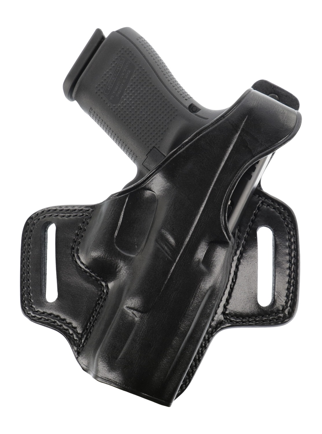 Black leather belt holster with handgun