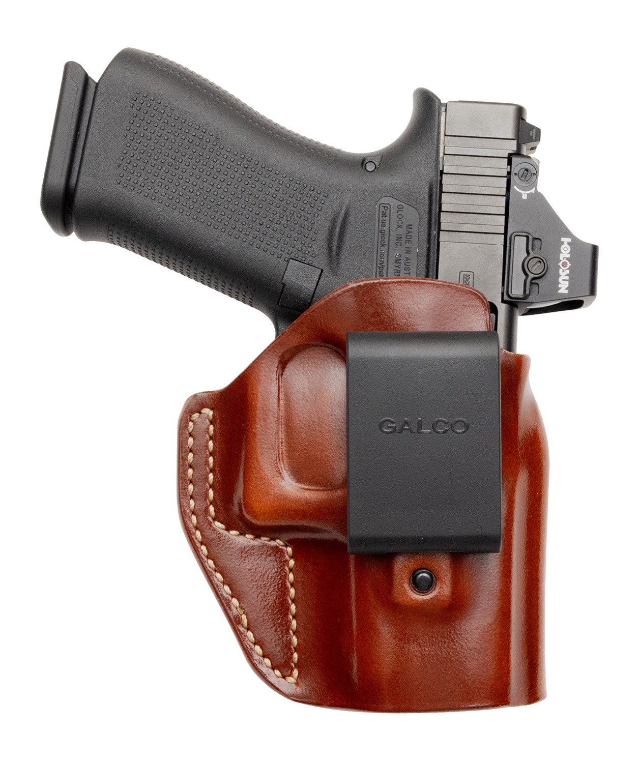 Handgun in brown leather holster with optic sight