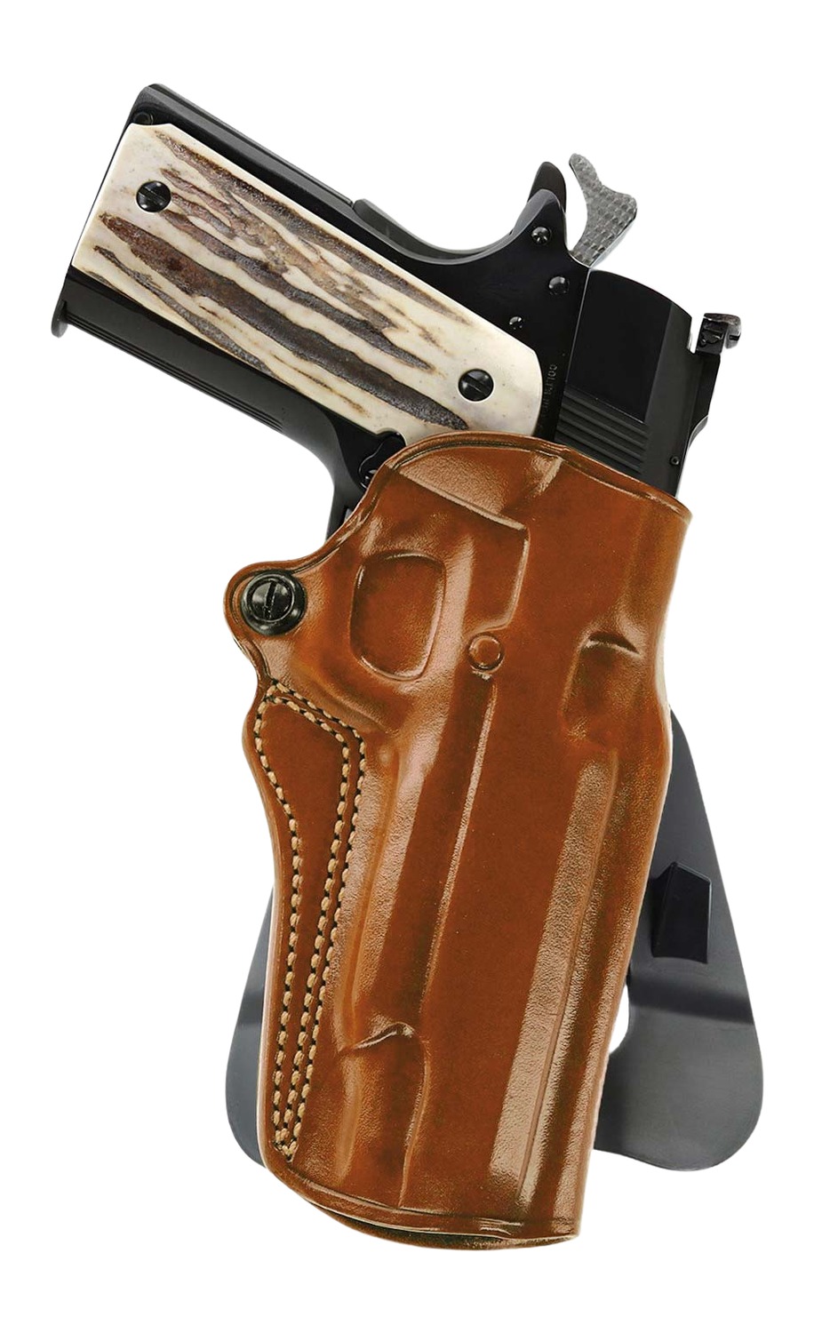 Handgun in brown leather holster on display stand